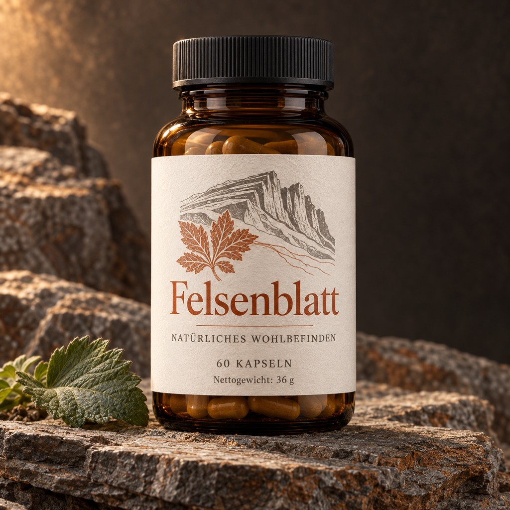 Felsenblatt in einer Produktaufnahme mit lesbarem Etikett